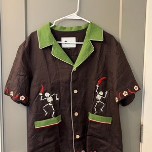 Embroidered Skeleton Black Button-Up Shirt with Green Trim - NEW WITH TAGS